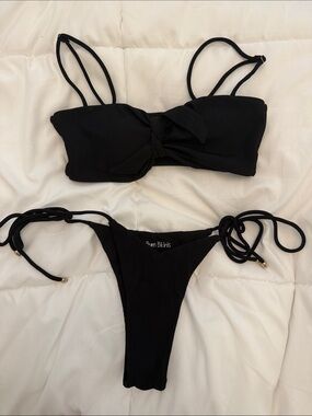 Ribbed Black Tie-Front Bikini Set